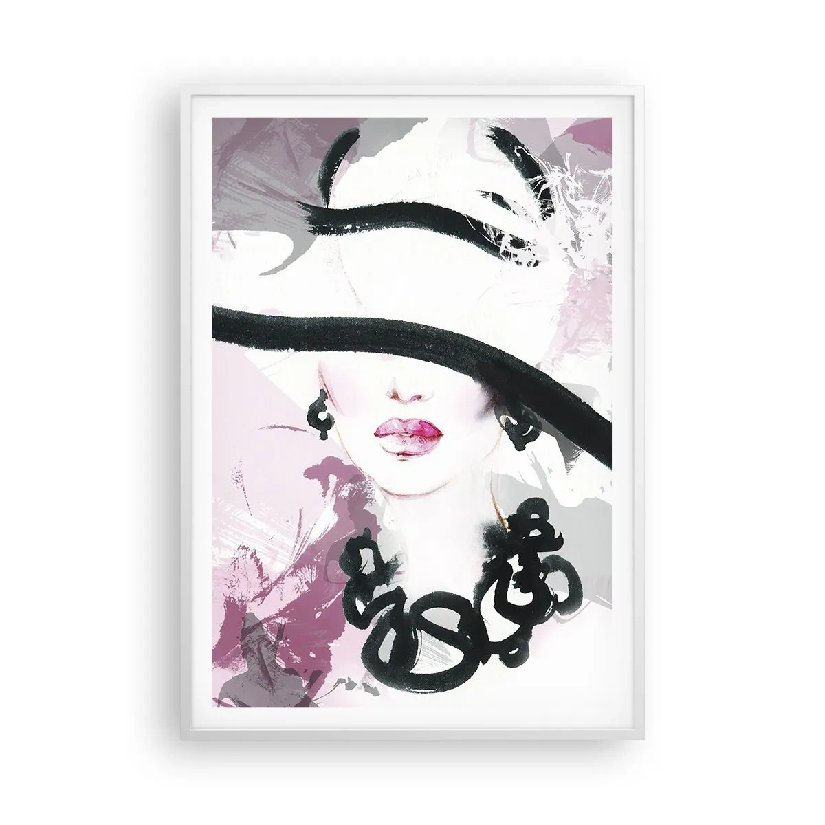 Affiche dans un cadre blanc - Poster - Portrait d'une dame en noir et rose - 70x100 cm