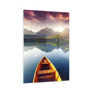 Impression sur verre - Image sur verre - Trois bateaux en bois sur un lac avec vue sur les montagnes au coucher du soleil - 50x70cm - Rien contre nature - Décoration murale moderne pour le salon et la chambre ARTTOR