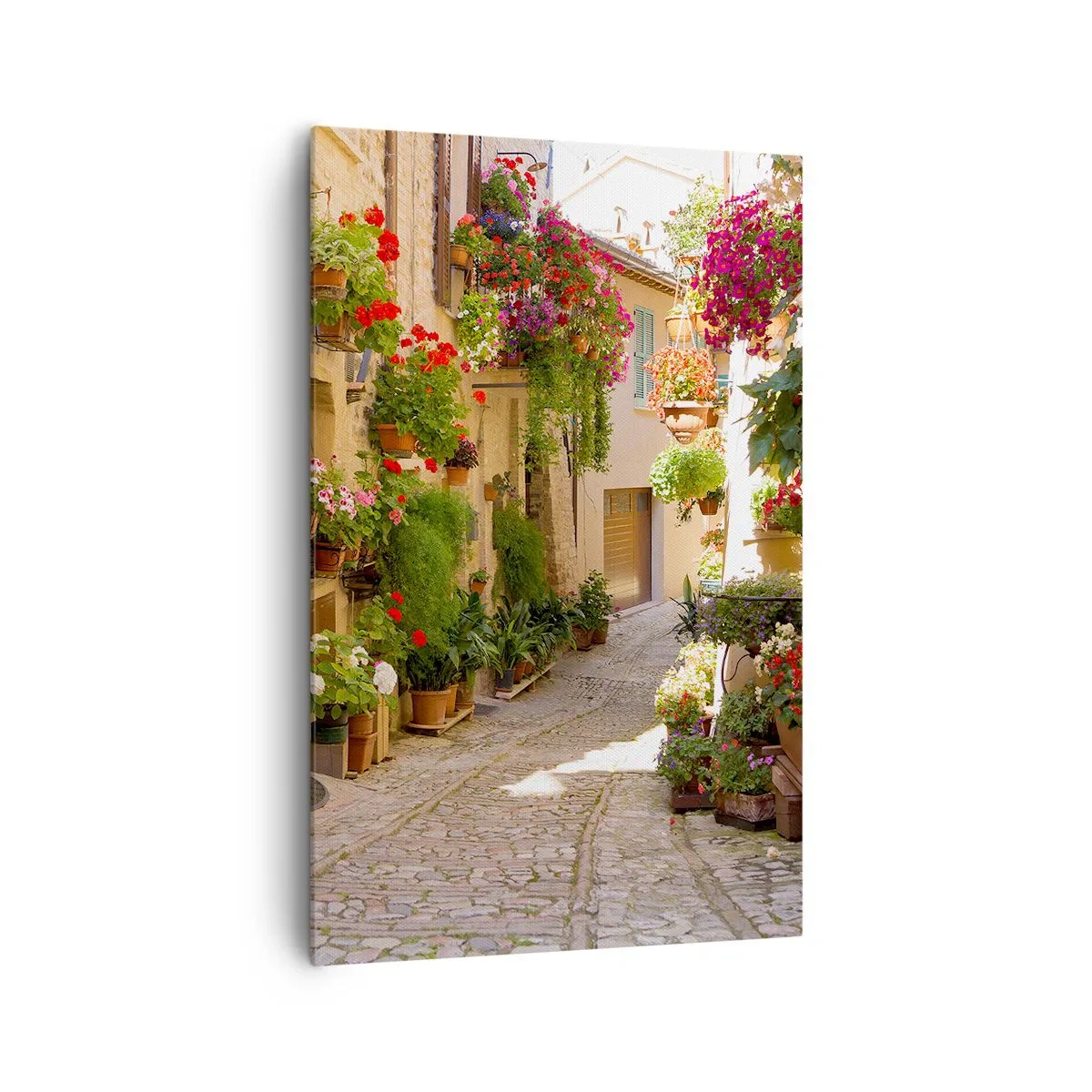 Impression sur toile - Image sur toile - Une rue avec des pots de fleurs et des murs de pierre - 80x120cm - Une inondation de fleurs  - Décoration murale moderne pour le salon et la chambre ARTTOR