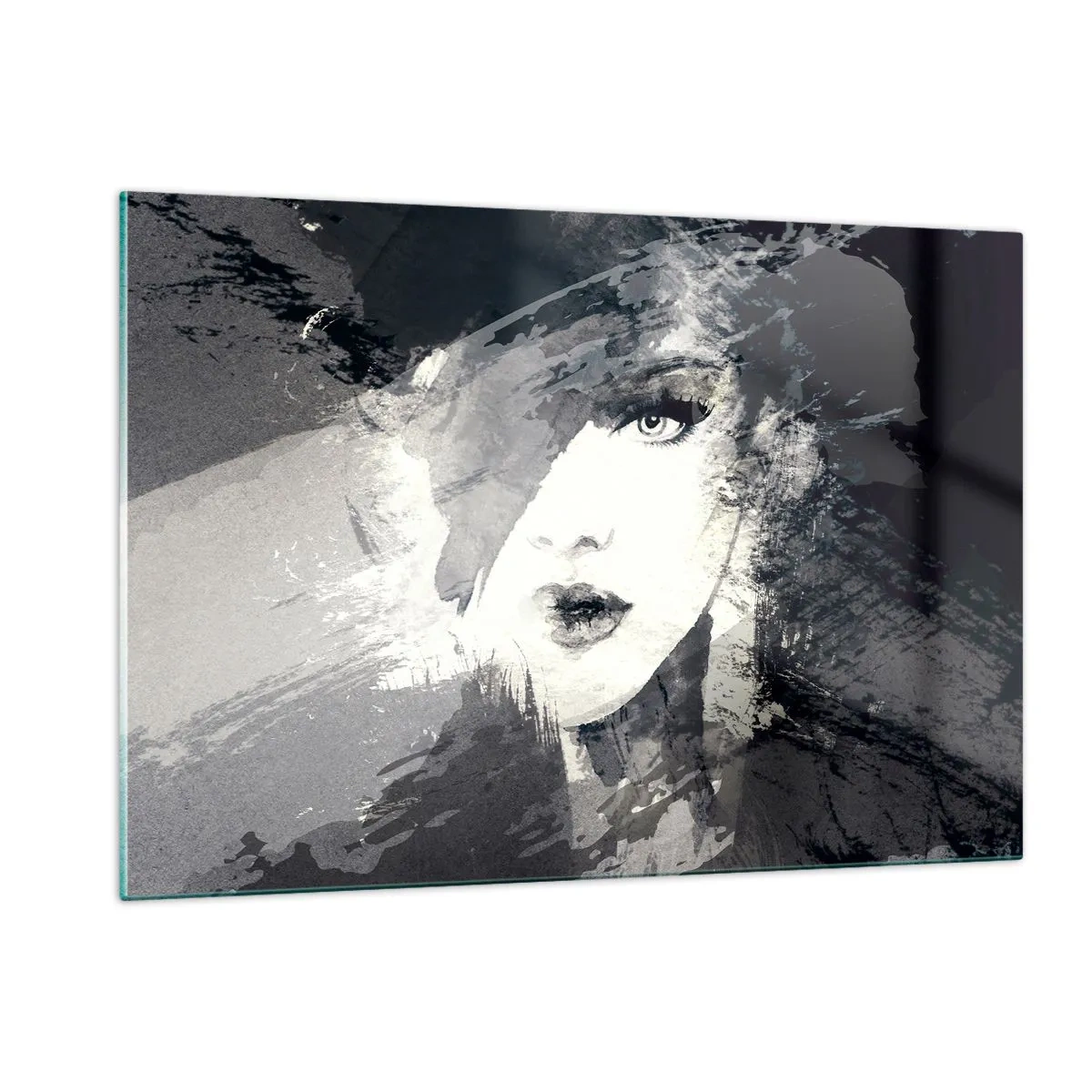 Impression sur verre - Image sur verre - Le visage d'une femme est partiellement recouvert de taches grises abstraites. - 120x80cm - Derrière un voile gris - Décoration murale moderne pour le salon et la chambre ARTTOR
