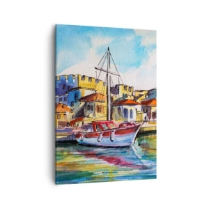 Impression sur toile - Image sur toile - Un port pittoresque avec un bateau et des bâtiments colorés - 50x70cm - Après-midi arc-en-ciel - Décoration murale moderne pour le salon et la chambre ARTTOR