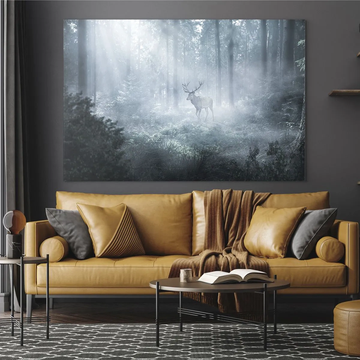 Impression sur verre - Image sur verre - Un cerf dans une forêt brumeuse illuminée par les rayons du soleil du matin - 70x50cm - Visite matinale du domaine - Décoration murale moderne pour le salon et la chambre ARTTOR