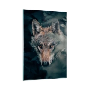 Impression sur verre - Image sur verre - Un loup dans son environnement naturel, regardant depuis les profondeurs de la forêt. - 80x120cm - Chasseur - Décoration murale moderne pour le salon et la chambre ARTTOR