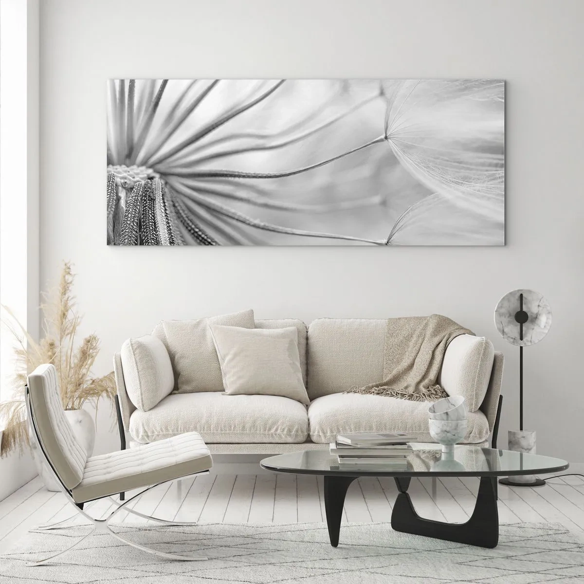 Impression sur verre - Image sur verre - Pissenlits délicats dans des tons noir et blanc - 160x50cm - Aigrette avant son envol - Décoration murale moderne pour le salon et la chambre ARTTOR