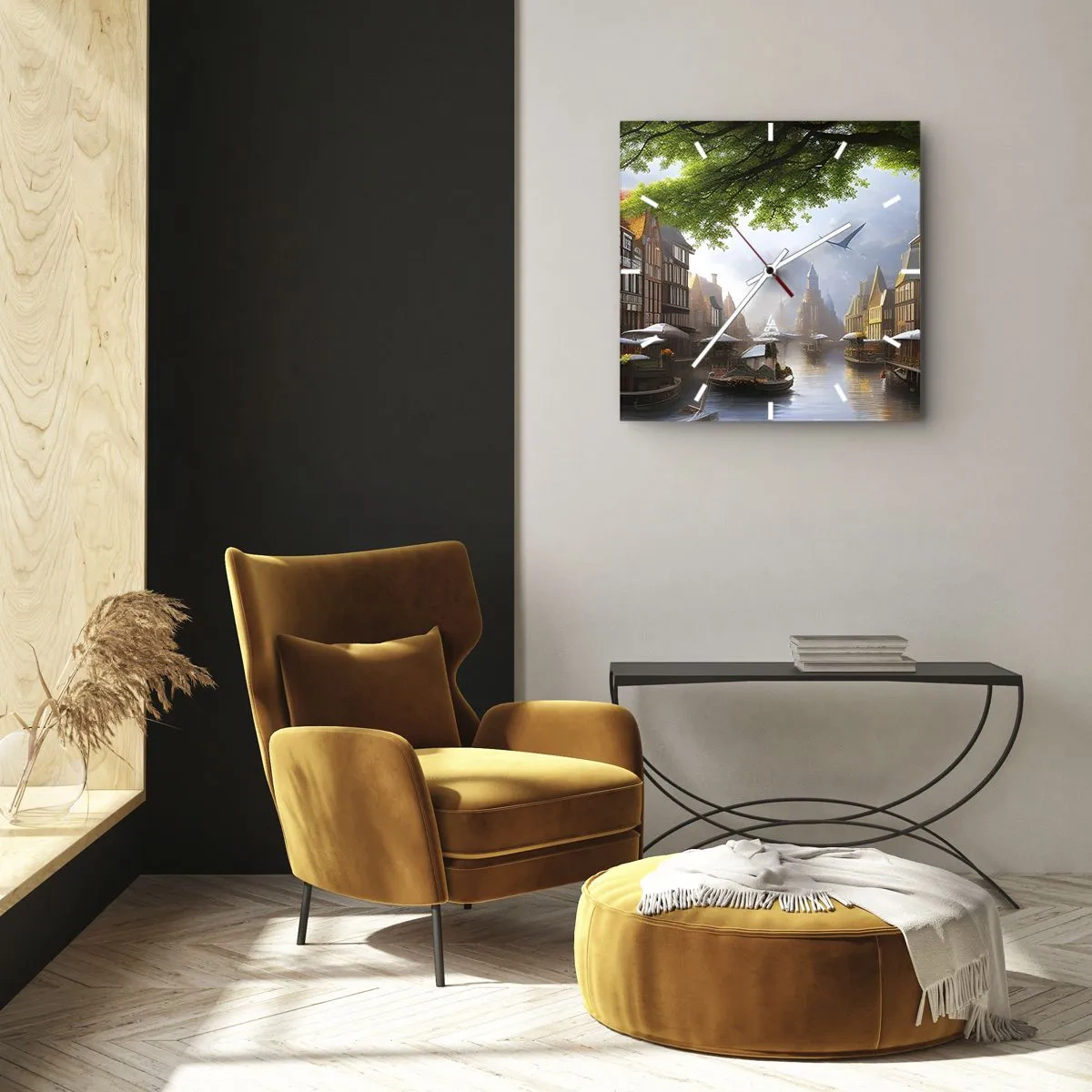 Horloge murale - Pendule murale - Un paysage hollandais pittoresque avec un canal et des maisons de rapport - 30x30cm - Paysage urbain néerlandais - Décoration murale moderne pour le salon et la chambre ARTTOR