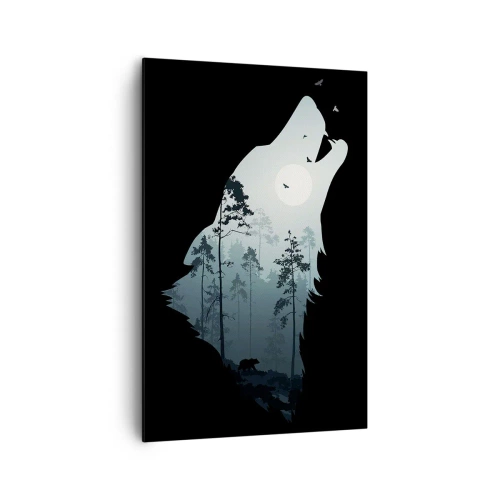 Impression sur toile - Image sur toile - Silhouette d'un loup avec une forêt et la lune en arrière-plan - 80x120cm - La voix de nuit de la forêt - Décoration murale moderne pour le salon et la chambre ARTTOR