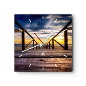Horloge murale - Pendule murale - Jetée en bois menant à la plage au coucher du soleil - 30x30cm - Directement sur une plage calme au coucher de soleil - Décoration murale moderne pour le salon et la chambre ARTTOR