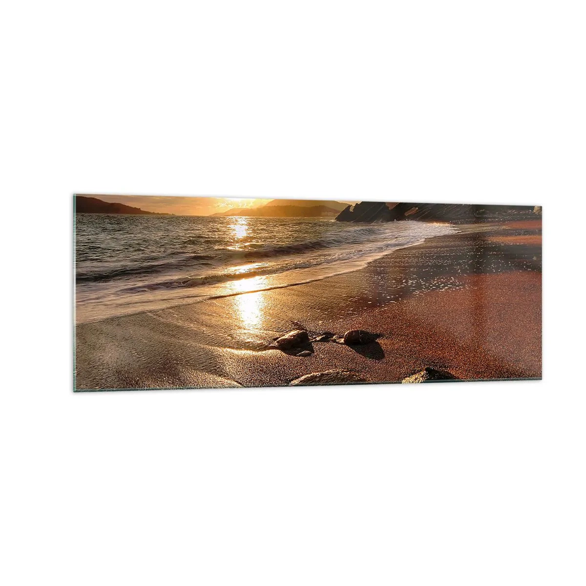 Impression sur verre - Image sur verre - Plage au coucher du soleil avec des pierres sur le rivage - 140x50cm - Suivez le soleil sur les collines - Décoration murale moderne pour le salon et la chambre ARTTOR