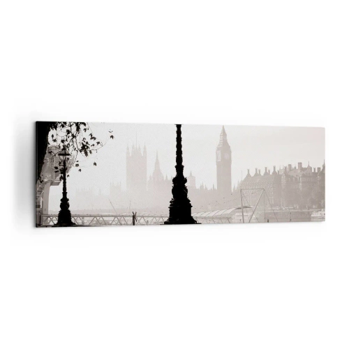 Impression sur toile - Image sur toile - Une vue monochrome de Big Ben et de la Tamise. - 160x50cm - Un matin londonien - Décoration murale moderne pour le salon et la chambre ARTTOR