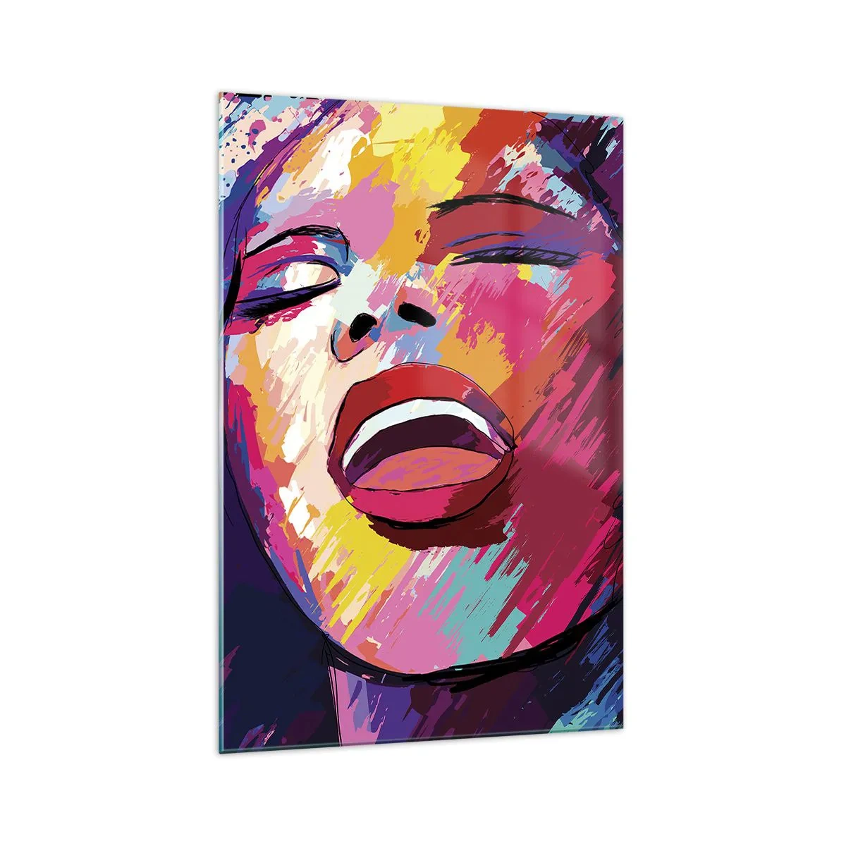 Impression sur verre - Image sur verre - Portrait abstrait d'une femme aux couleurs vives - 70x100cm - Chante toute ma vie - Décoration murale moderne pour le salon et la chambre ARTTOR