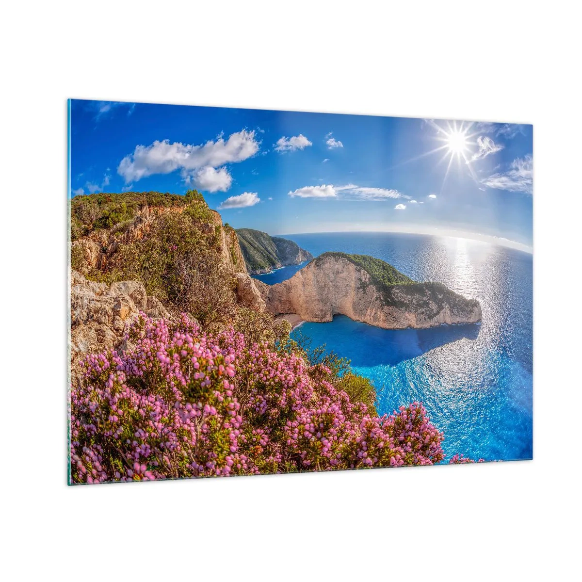 Impression sur verre - Image sur verre - Paysage grec avec falaises, mer et arbustes à fleurs - 100x70cm - Mes super vacances grecques - Décoration murale moderne pour le salon et la chambre ARTTOR
