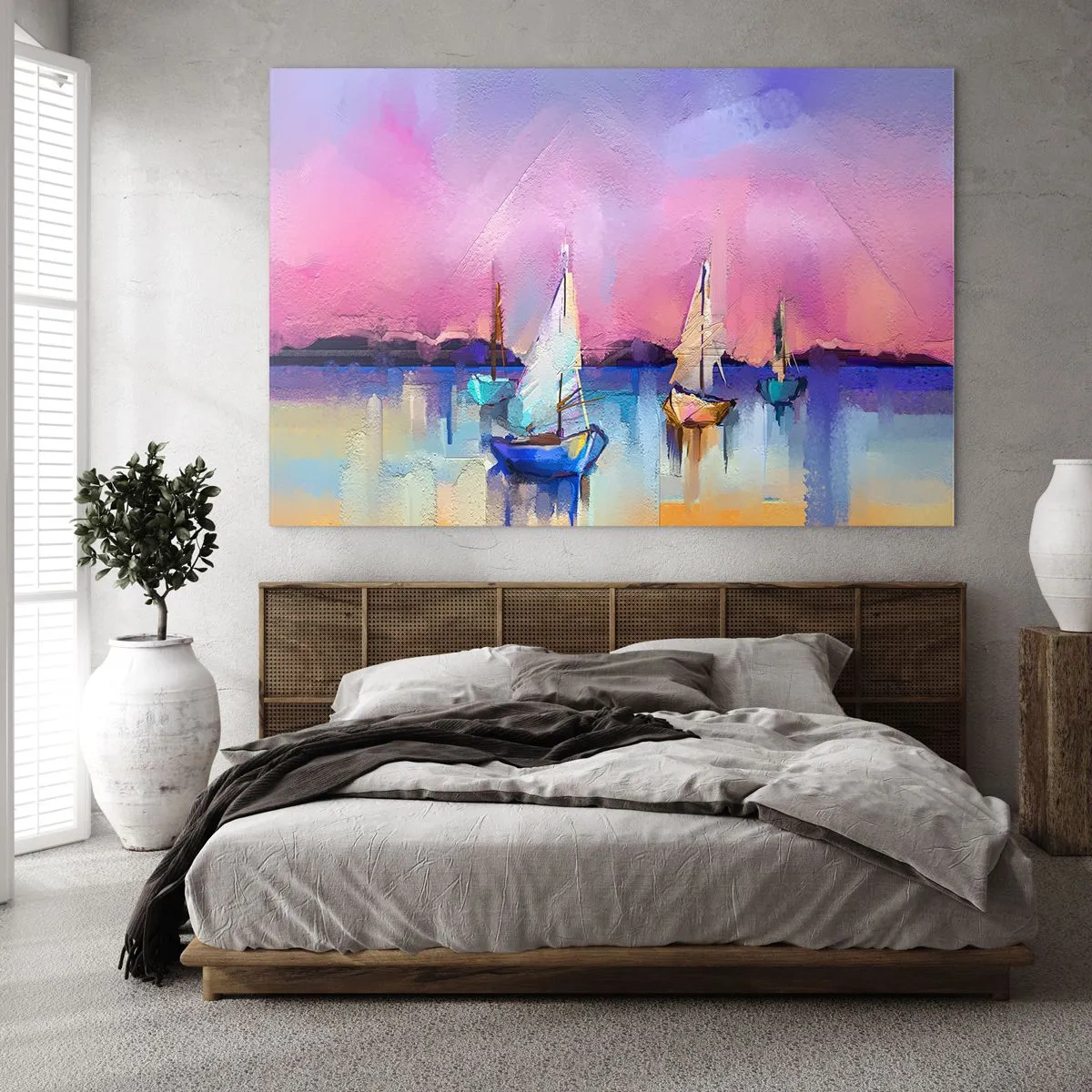 Impression sur verre - Image sur verre - Marina abstraite avec voiliers au coucher du soleil - 120x80cm - Direction: les eaux larges - Décoration murale moderne pour le salon et la chambre ARTTOR