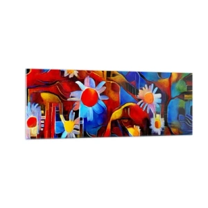 Impression sur verre - Image sur verre - Fleurs abstraites sur fond de motifs géométriques - 140x50cm - Les couleurs de la vie - Décoration murale moderne pour le salon et la chambre ARTTOR