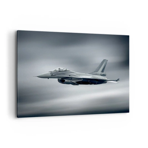 Impression sur toile - Image sur toile - Un avion de chasse en vol contre un ciel nuageux - 100x70cm - Acceptez-vous le défi? - Décoration murale moderne pour le salon et la chambre ARTTOR