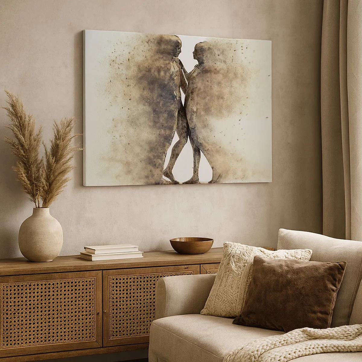Impression sur toile - Image sur toile - Un duo abstrait de silhouettes aux tons sable - 70x50cm - Ils sont sortis de la poussière pour aimer - Décoration murale moderne pour le salon et la chambre ARTTOR