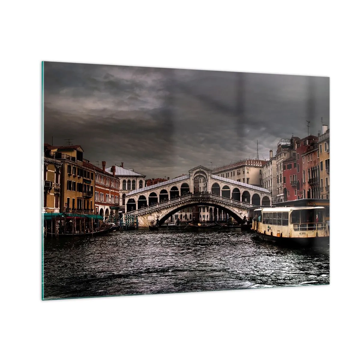 Impression sur verre - Image sur verre - Le pont du Rialto sous un ciel nuageux - 100x70cm - Promesse d'une soirée vénitienne - Décoration murale moderne pour le salon et la chambre ARTTOR