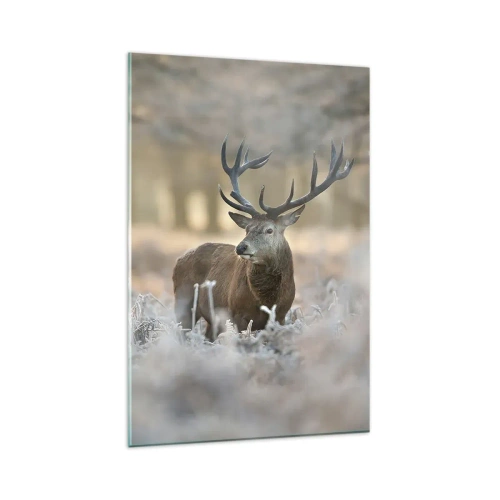 Impression sur verre - Image sur verre - Un cerf dans une clairière givrée dans une forêt hivernale aux couleurs subtiles - 80x120cm - Une matinée animée - Décoration murale moderne pour le salon et la chambre ARTTOR
