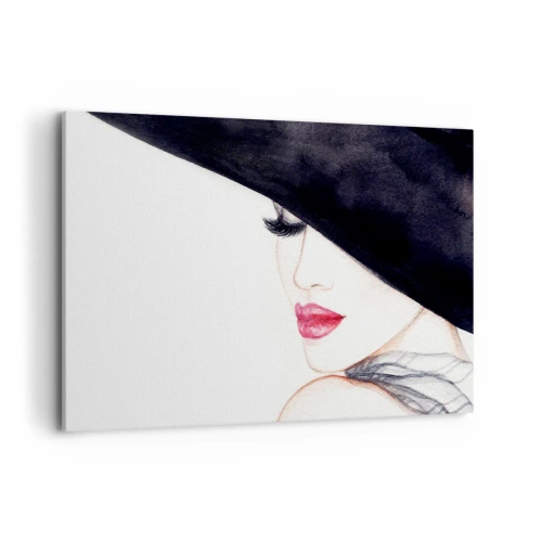 Impression sur toile - Image sur toile - Une illustration subtile d'une femme portant un chapeau noir et des lèvres rouges - 120x80cm - Élégance et sensualité - Décoration murale moderne pour le salon et la chambre ARTTOR