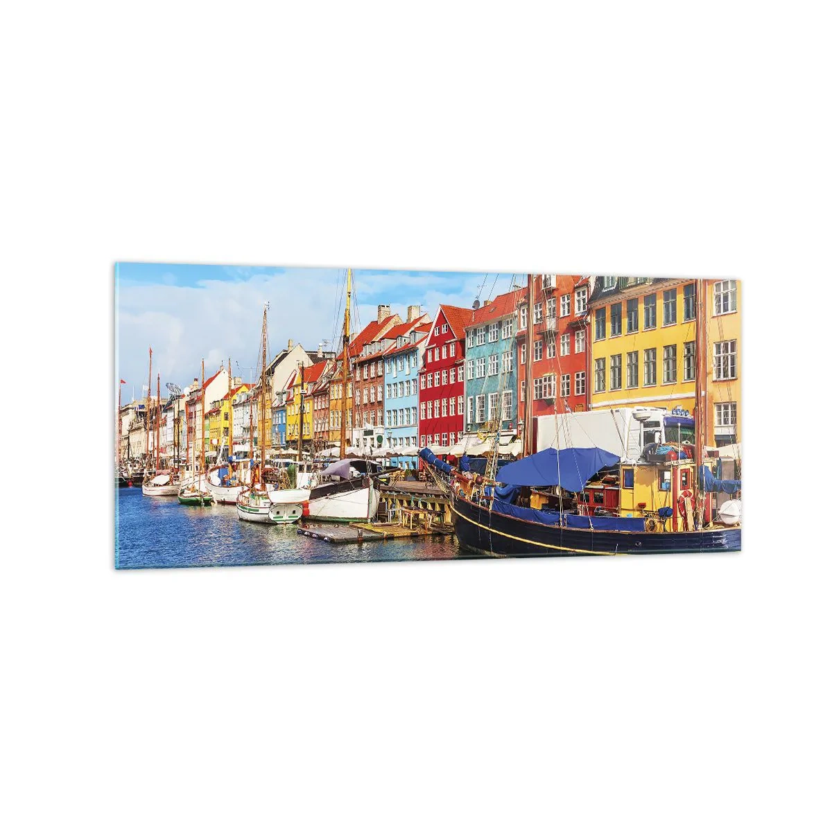 Impression sur verre - Image sur verre - Maisons colorées sur le canal avec des bateaux au soleil - 120x50cm - Quai joyeux - Décoration murale moderne pour le salon et la chambre ARTTOR