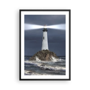 Affiche dans un cadre noir - Poster - Un phare sur un rocher au milieu des vagues agitées - 50x70cm - I… i… ici ! - Décoration murale moderne pour le salon et la chambre ARTTOR
