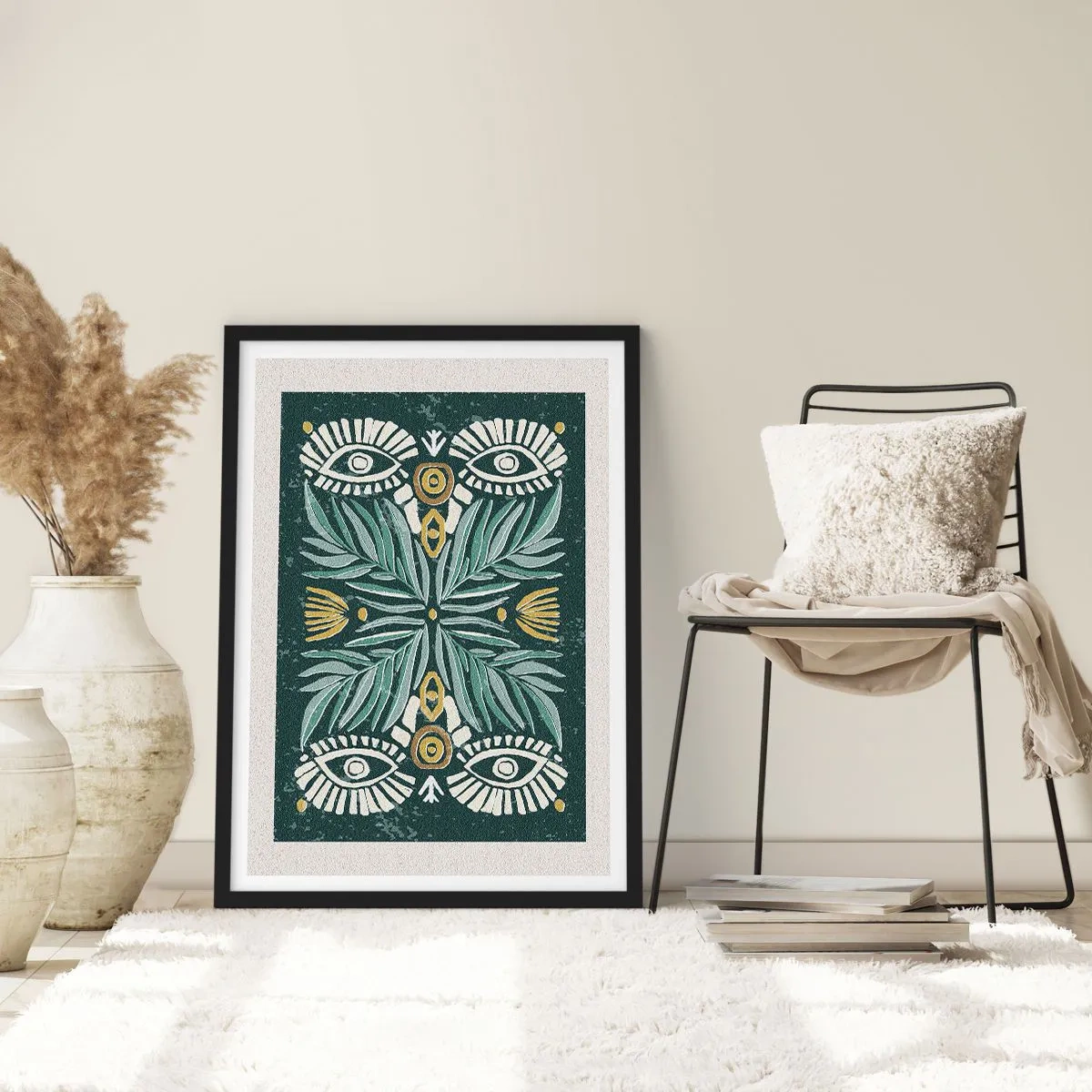 Affiche dans un cadre noir - Poster - Motif symétrique avec des feuilles et des yeux sur un fond sombre - 50x70cm - Comme une découpe folklorique - Décoration murale moderne pour le salon et la chambre ARTTOR
