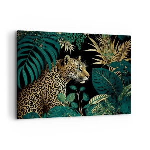 Impression sur toile - Image sur toile - Léopard dans des feuilles tropicales sur fond noir - 100x70cm - Un hôte dans la jungle - Décoration murale moderne pour le salon et la chambre ARTTOR
