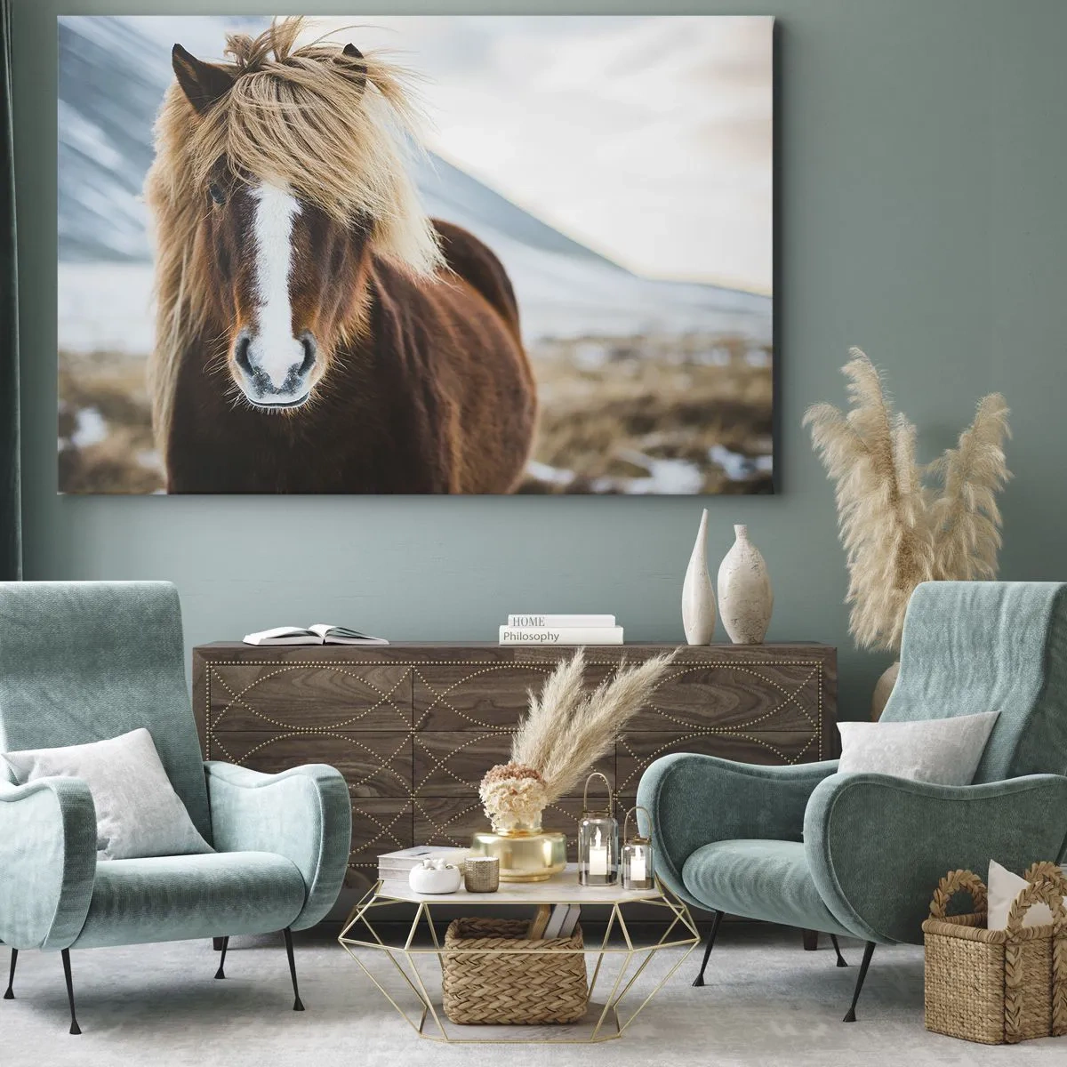 Impression sur toile - Image sur toile - Cheval islandais dans un paysage de montagne - 70x50cm - Sentez-vous la liberté ? - Décoration murale moderne pour le salon et la chambre ARTTOR