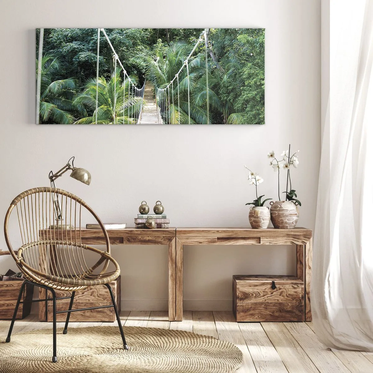 Impression sur toile - Image sur toile - Un pont suspendu dans une jungle tropicale pleine de verdure - 120x50cm - Welcome to the jungle! - Décoration murale moderne pour le salon et la chambre ARTTOR
