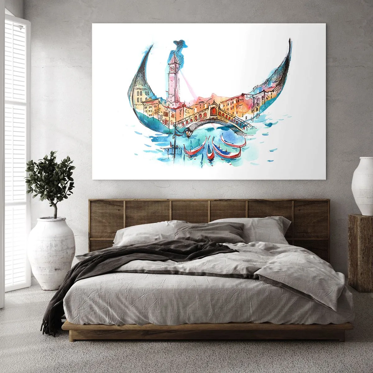 Impression sur verre - Image sur verre - Panorama aquarelle de Venise sous la forme d'un masque - 70x50cm - Nous naviguons à travers la ville - Décoration murale moderne pour le salon et la chambre ARTTOR