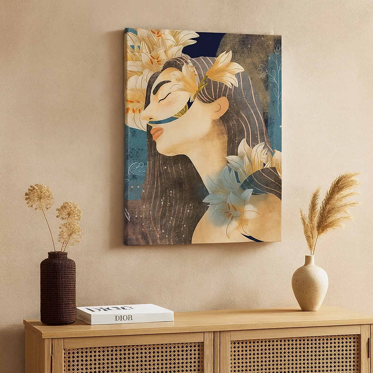 Impression sur toile - Image sur toile - Portrait d'une femme avec des fleurs dans un style artistique sur fond sombre - 50x70cm - Conte de fée sur la princesse lilas - Décoration murale moderne pour le salon et la chambre ARTTOR
