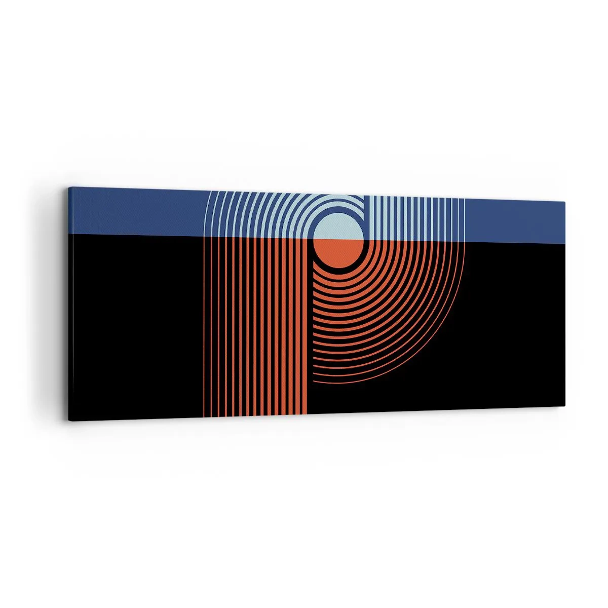 Impression sur toile - Image sur toile - Abstraction géométrique avec des lignes bleu marine et orange. - 120x50cm - Dans une étreinte géométrique - Décoration murale moderne pour le salon et la chambre ARTTOR