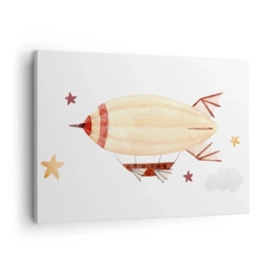 Impression sur toile - Image sur toile - Un dirigeable peint à la main sur fond d'étoiles - 70x50cm - Dirigeable - Décoration murale moderne pour le salon et la chambre ARTTOR
