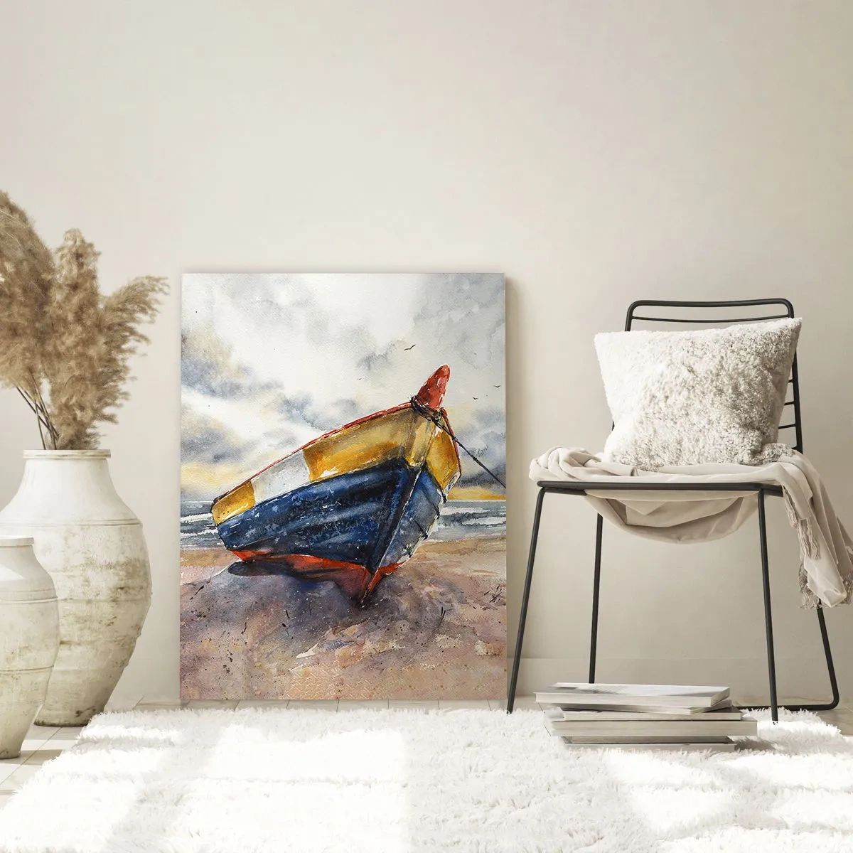 Impression sur verre - Image sur verre - Un bateau pittoresque sur la plage sous un ciel nuageux - 80x120cm - Repos sur le rivage - Décoration murale moderne pour le salon et la chambre ARTTOR