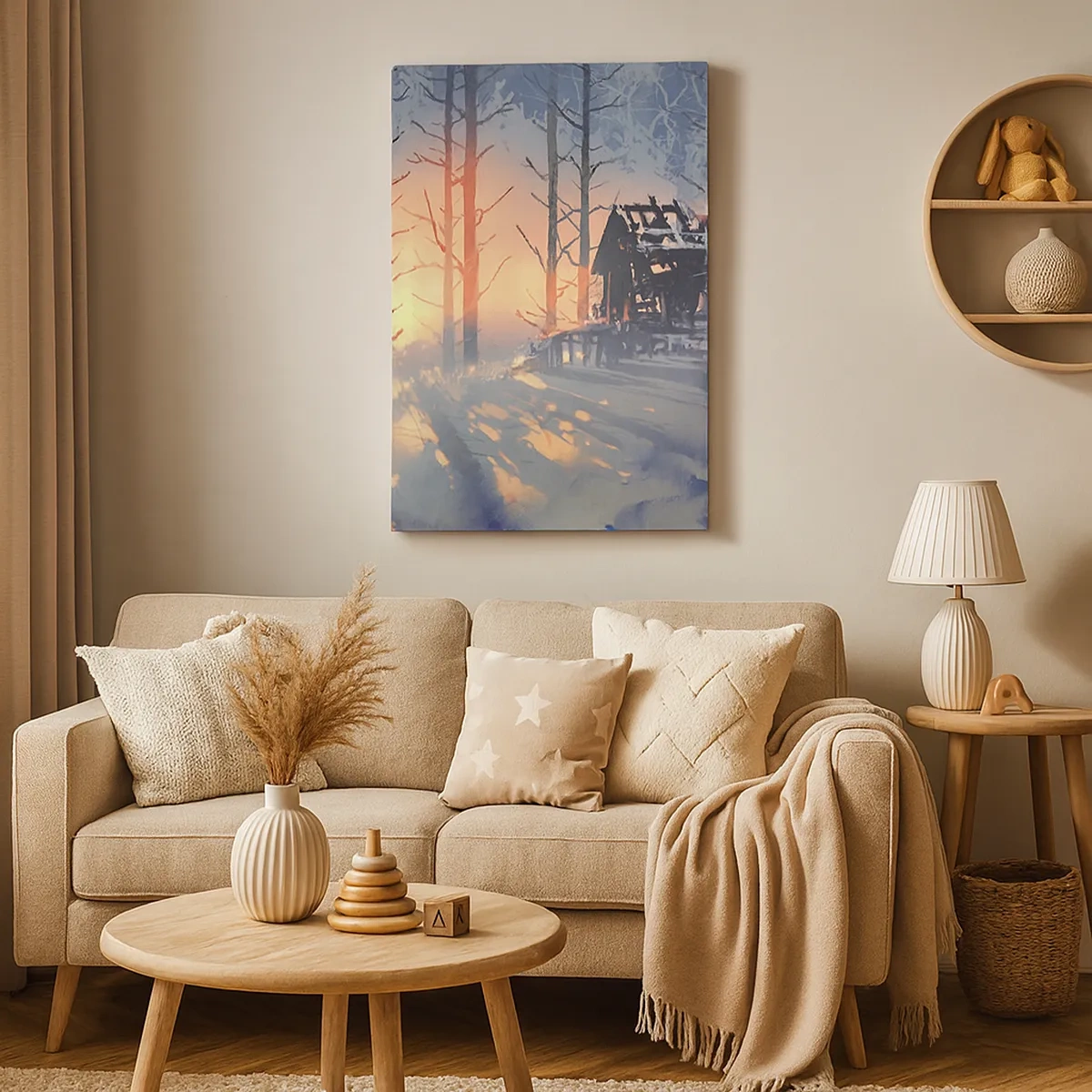 Impression sur toile - Image sur toile - Un chalet forestier dans un paysage hivernal avec les rayons du soleil couchant - 50x70cm - Seul le soleil regarde ici - Décoration murale moderne pour le salon et la chambre ARTTOR