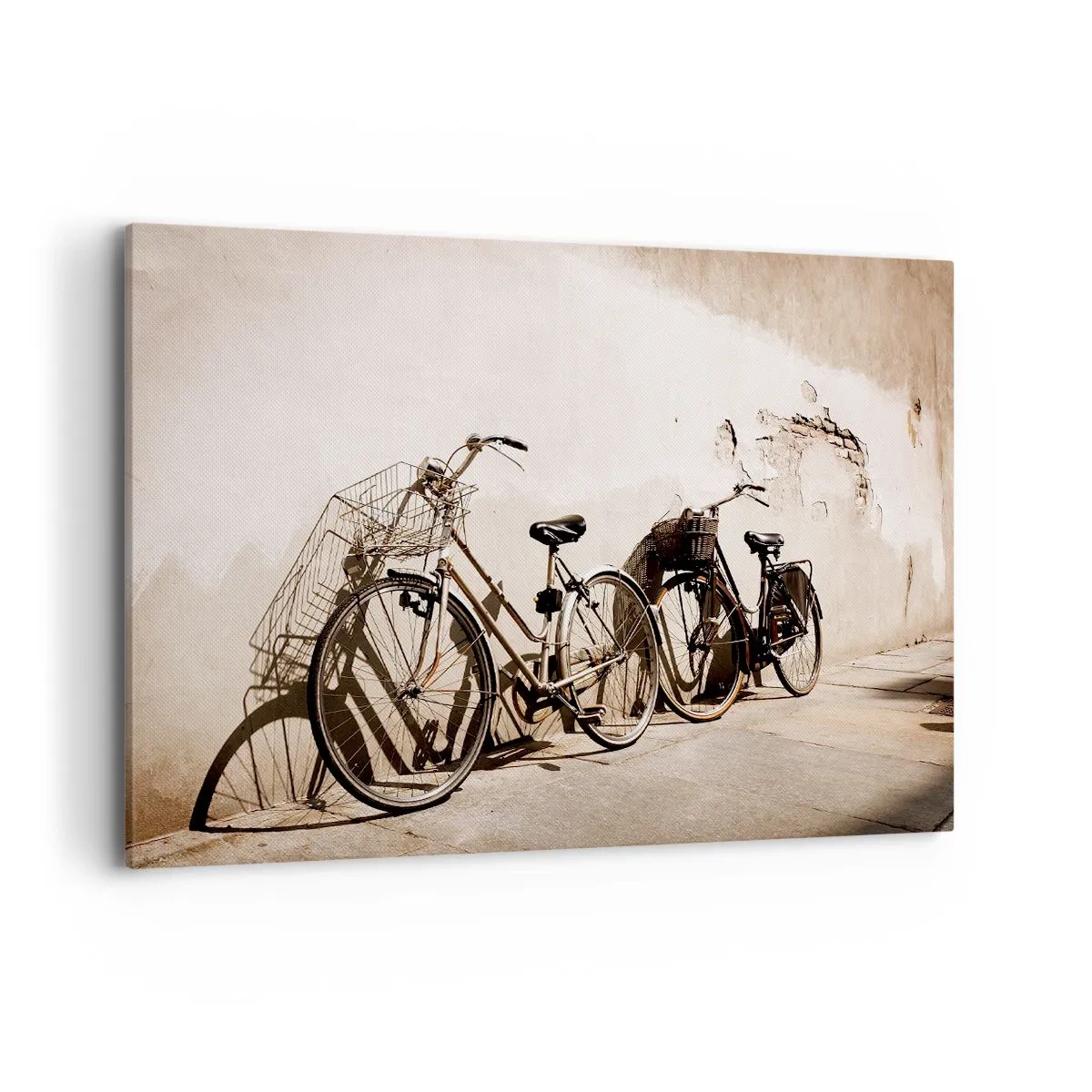 Impression sur toile - Image sur toile - Deux vélos appuyés contre un vieux mur de style rétro - 120x80cm - Le charme inoubliable du passé - Décoration murale moderne pour le salon et la chambre ARTTOR