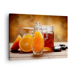 Impression sur toile - Image sur toile - Une bouteille de liquide ambré et des oranges fraîches - 70x50cm - Saveurs et arômes ensoleillés - Décoration murale moderne pour le salon et la chambre ARTTOR