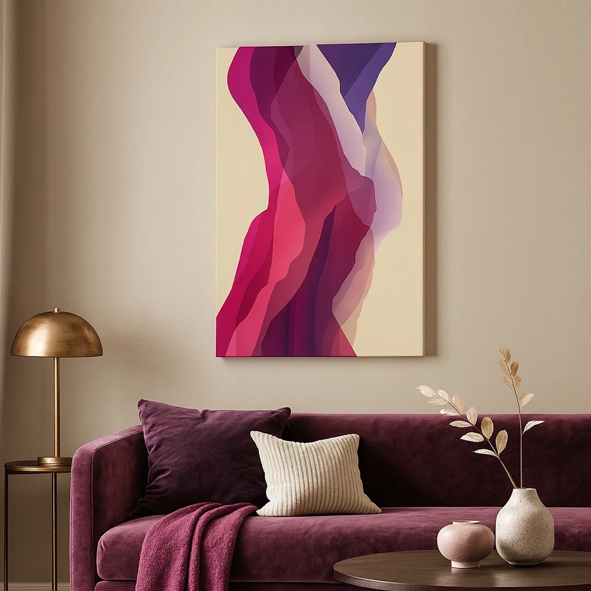 Impression sur toile - Image sur toile - Vagues abstraites dans des tons violets et roses sur un fond clair - 50x70cm - Vagues pourpre - Décoration murale moderne pour le salon et la chambre ARTTOR