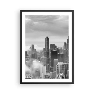 Affiche dans un cadre noir - Poster - Vue en noir et blanc de la ligne d'horizon de la ville avec des gratte-ciels dans les nuages - 50x70cm - Paysage américain - Décoration murale moderne pour le salon et la chambre ARTTOR
