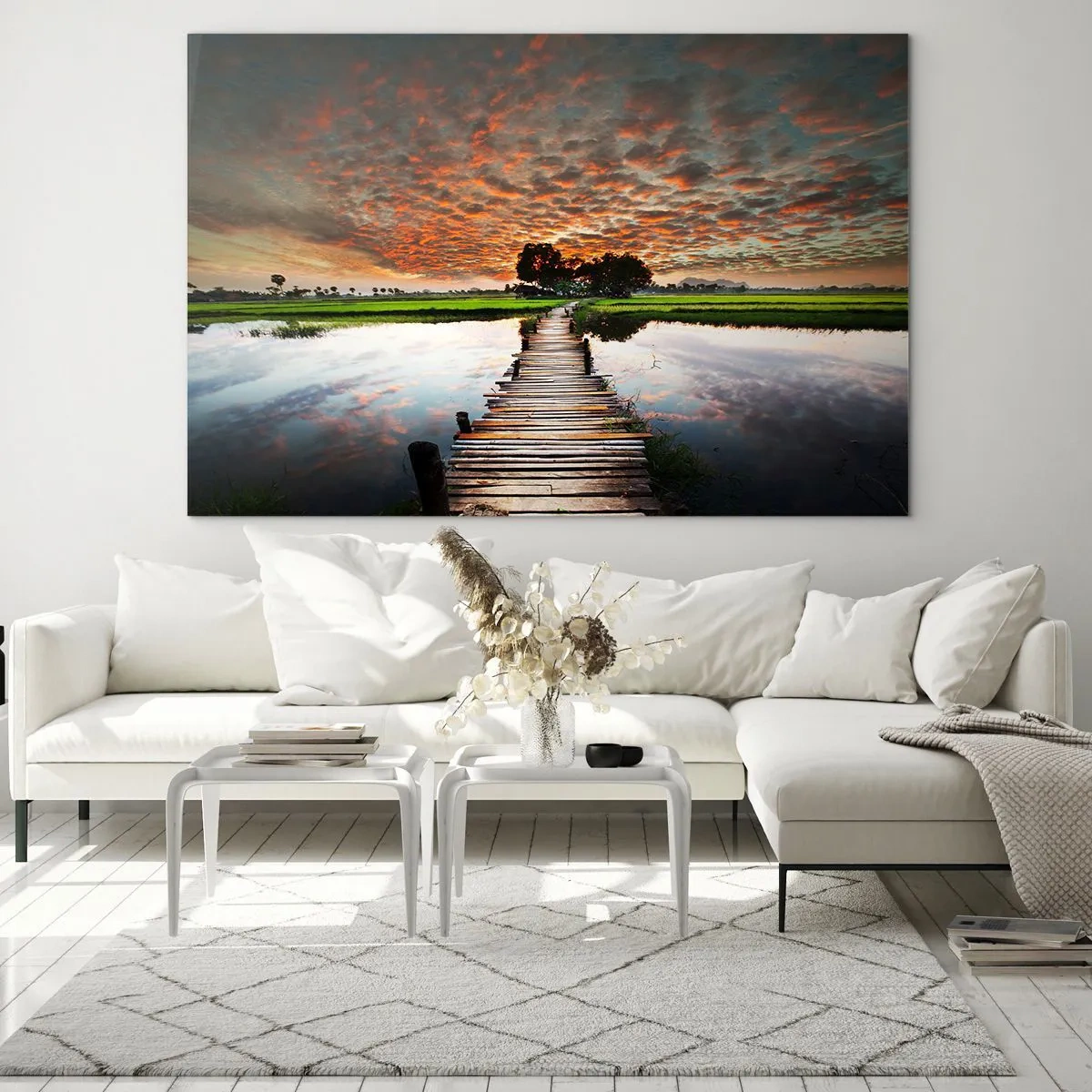 Impression sur verre - Image sur verre - Pont en bois sur la rivière au coucher du soleil - 100x70cm - Étendez vos bras - respirez - Décoration murale moderne pour le salon et la chambre ARTTOR
