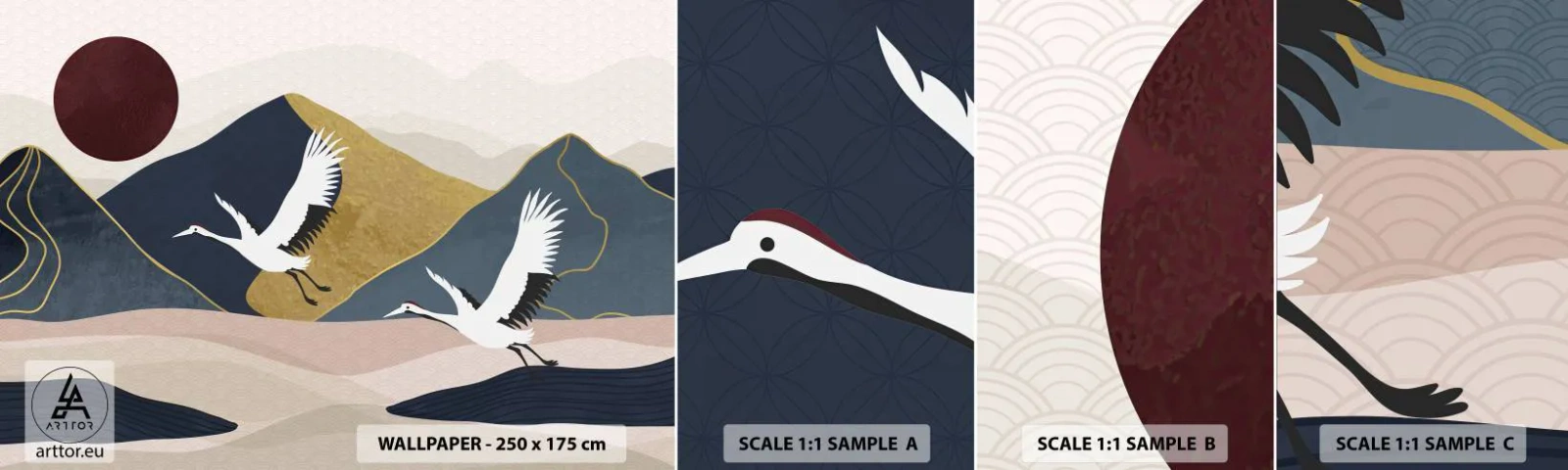 Échantillon De Papier Peint Standard Eco - Encore une fois, la journée s'est ÉCOULÉE - Abstraction, Grues, Montagnes - 100x30 cm