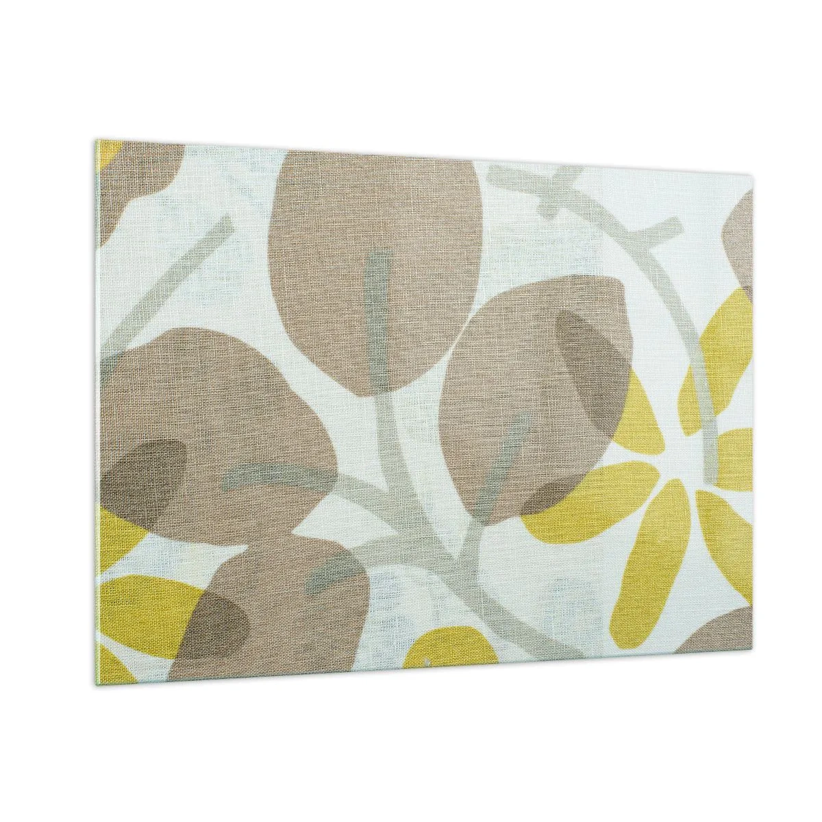 Impression sur verre - Image sur verre - Feuilles et fleurs stylisées dans des tons beiges et jaunes pastel - 100x70cm - Composition en plein soleil - Décoration murale moderne pour le salon et la chambre ARTTOR