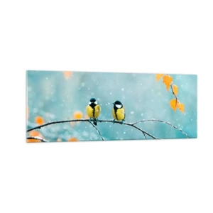 Impression sur verre - Image sur verre - Deux oiseaux sur une branche dans un décor hivernal avec des feuilles jaunes. - 140x50cm - Potins d'oiseaux - Décoration murale moderne pour le salon et la chambre ARTTOR