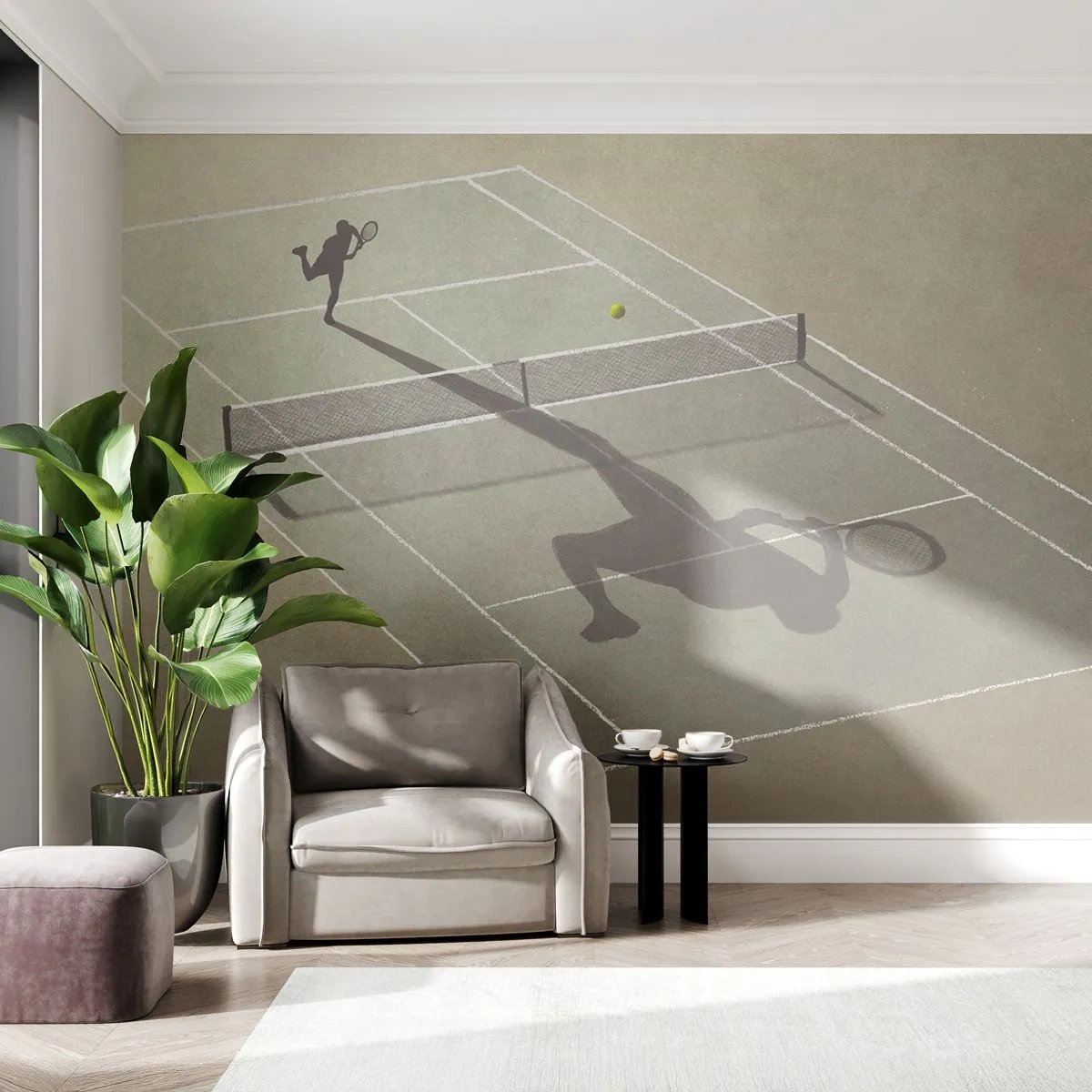 Papier Peint Photo Premium Sand - Un court de tennis avec l'ombre d'un joueur comme adversaire - 100x70cm - Dépassement de soi - Décoration murale moderne pour le salon et la chambre ARTTOR