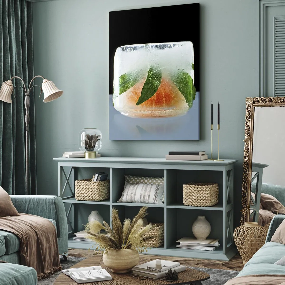 Impression sur toile - Image sur toile - Glaçon à l'orange et aux feuilles - 70x100cm - Fraîcheur et rafraîchissement - Décoration murale moderne pour le salon et la chambre ARTTOR