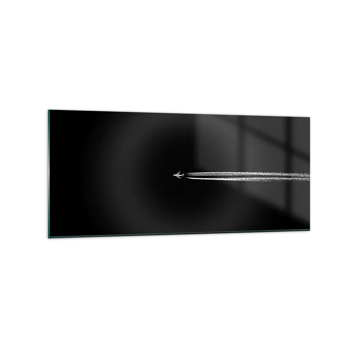 Impression sur verre - Image sur verre - Un avion à réaction avec une traînée de condensation visible sur fond noir - 120x50cm - Dans une autre dimension - Décoration murale moderne pour le salon et la chambre ARTTOR