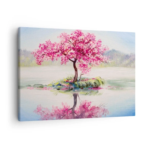 Impression sur toile - Image sur toile - Un arbre en fleurs sur une eau calme - 70x50cm - Fête du Printemps - Décoration murale moderne pour le salon et la chambre ARTTOR