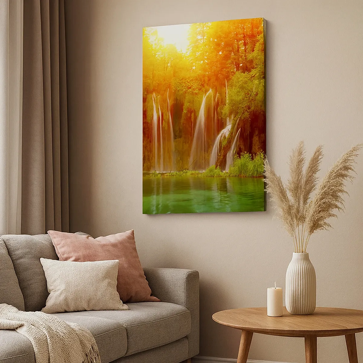 Impression sur toile - Image sur toile - Cascades entourées de verdure dans la lueur du soleil couchant - 50x70cm - Au soleil et à l'ombre - Décoration murale moderne pour le salon et la chambre ARTTOR