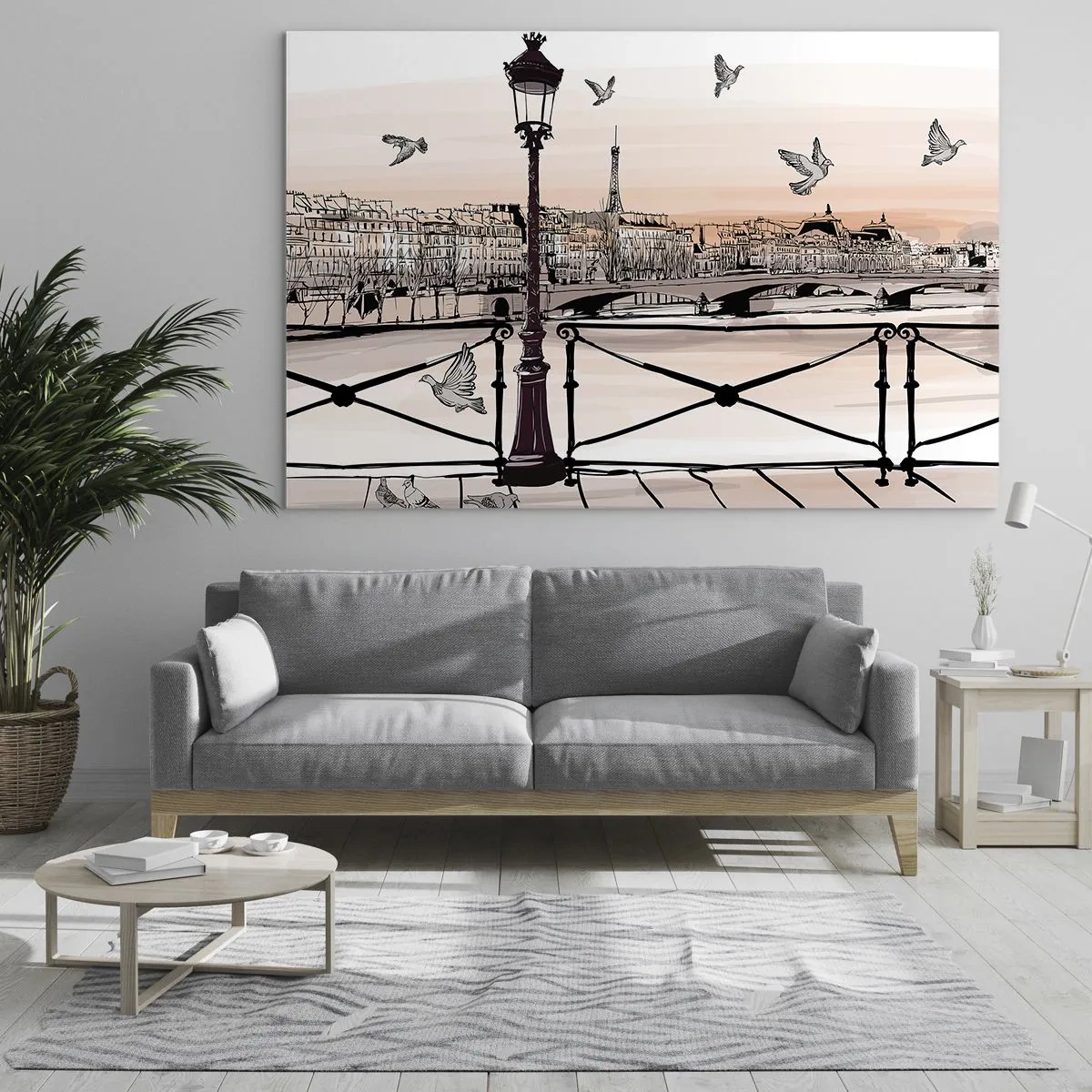 Impression sur verre - Image sur verre - Illustration d'une rue parisienne avec vue sur la Tour Eiffel à l'aube - 70x50cm - Sur les toits de Paris - Décoration murale moderne pour le salon et la chambre ARTTOR