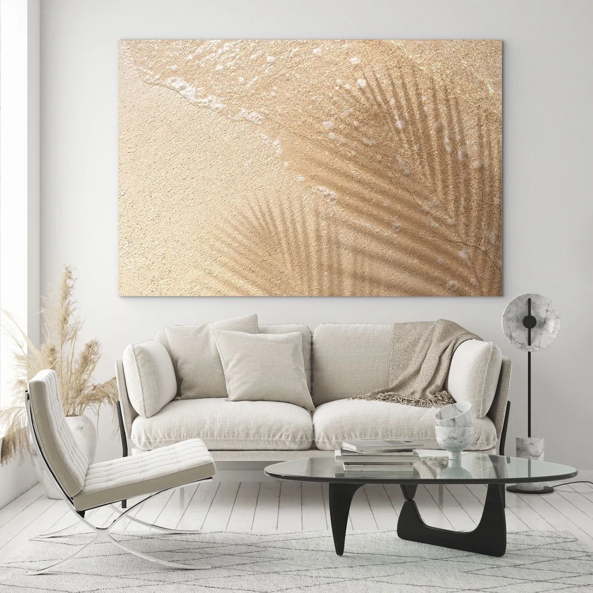 Impression sur verre - Image sur verre - Plage et ombre sur le sable - 100x70cm - Ombre d'un été chaud - Décoration murale moderne pour le salon et la chambre ARTTOR