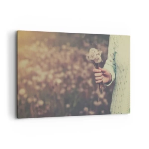 Impression sur toile - Image sur toile - Une main tenant des pissenlits sur un fond flou d'un champ plein de fleurs. - 120x80cm - Merci de les garder - Décoration murale moderne pour le salon et la chambre ARTTOR